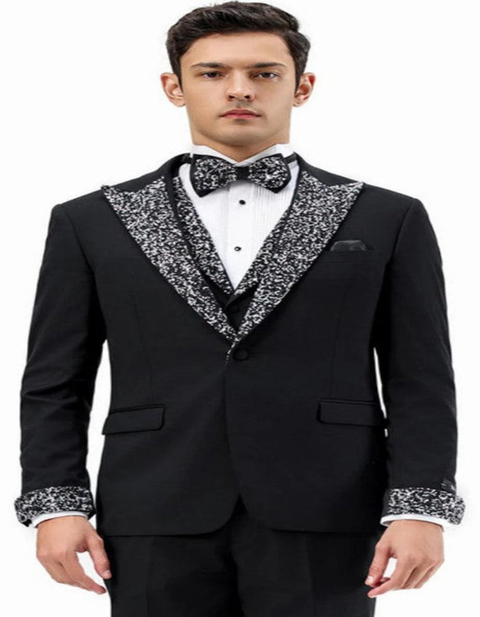 Black Prom Tuxedo - Perfect Wedding Suit Vested Rhinestone Lapelled USA Men's Outlet