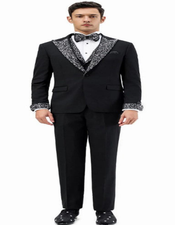 Black Prom Tuxedo - Perfect Wedding Suit Vested Rhinestone Lapelled USA Men's Outlet