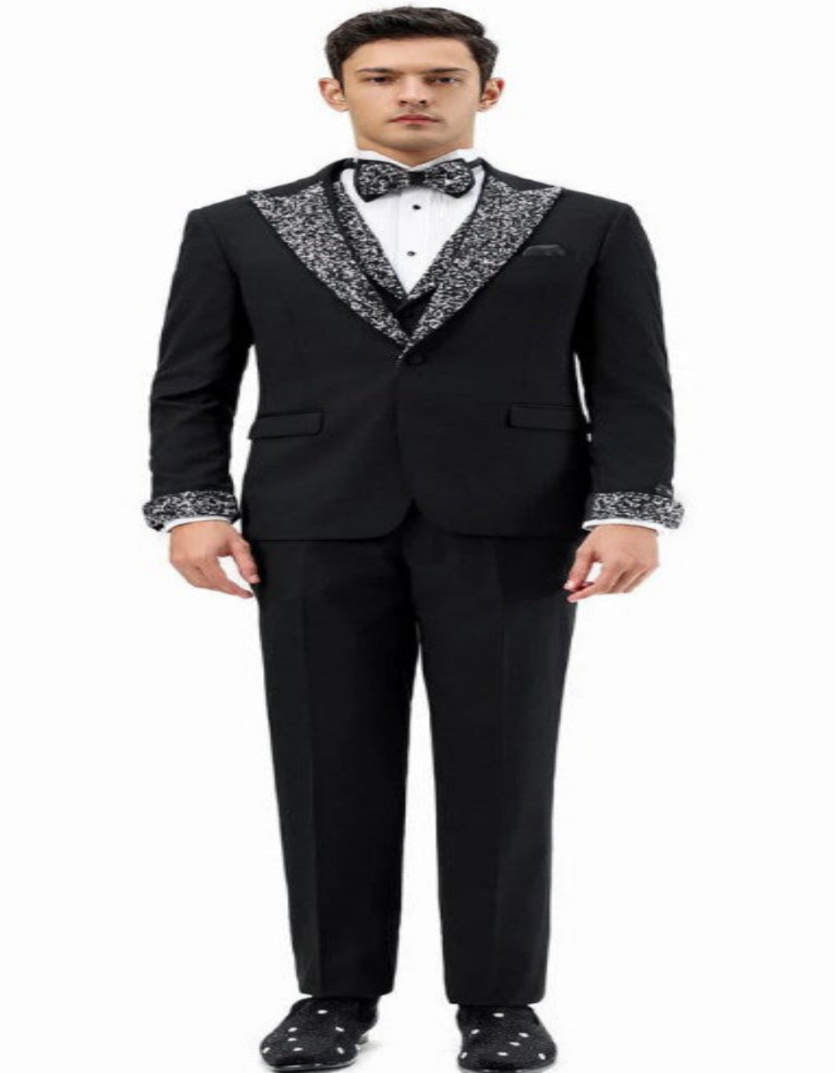 Black Prom Tuxedo - Perfect Wedding Suit Vested Rhinestone Lapelled