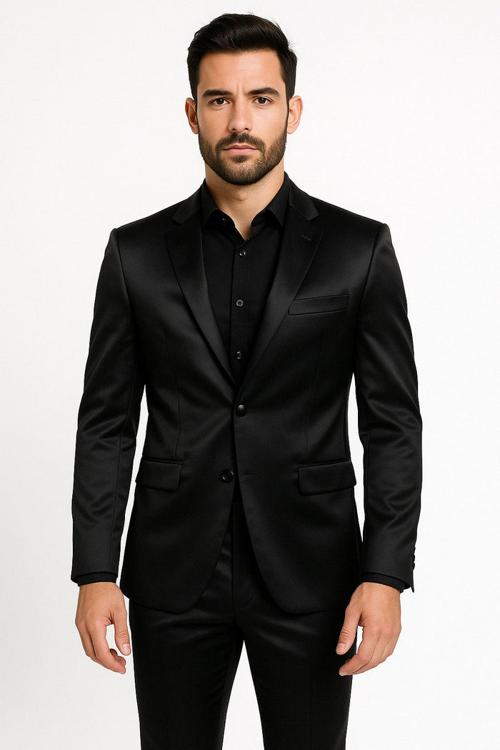 Black Satin Flex Two-Piece Suit - Slim Fit Sport Coat and Matching Pants by USA Men's Outlet