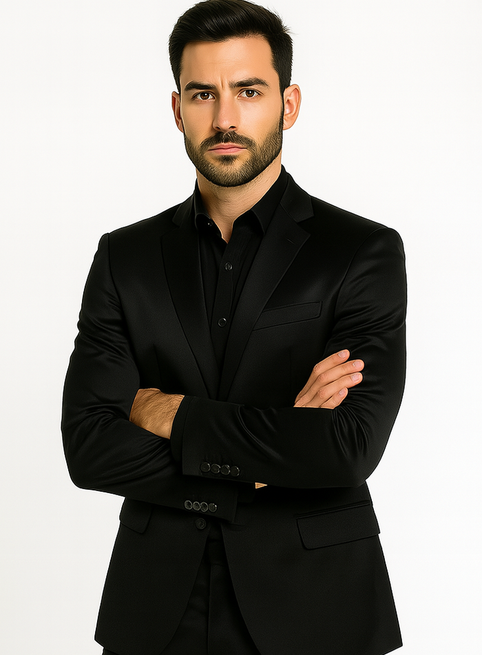 Black-Satin-Flex-Two-Piece-Suits