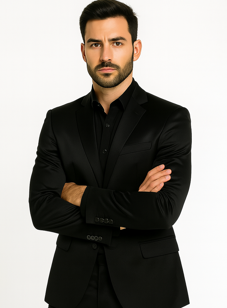 Black-Satin-Flex-Two-Piece-Suits