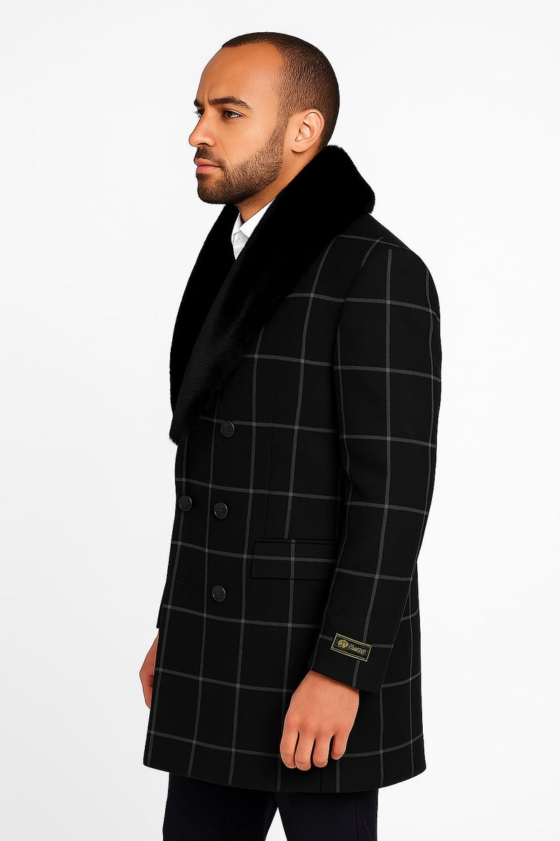 Mens Black Windowpane Wool Overcoat with Faux Fur Shawl Collar – Double-Breasted Long Coat