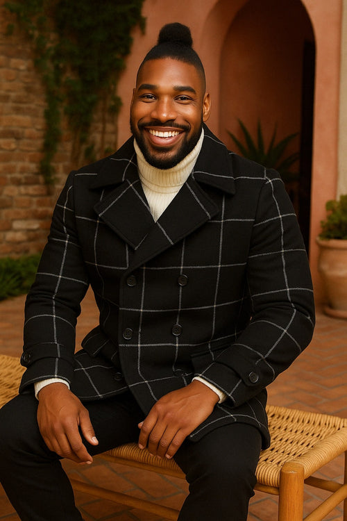 Mens Black Windowpane Check Wool Overcoat - Double-Breasted Winter Peacoat by USA Men's Outlet
