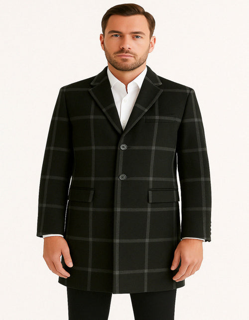 Mens Black Windowpane Wool Overcoat – Big Plaid Pattern Classic Checkered CarCoat