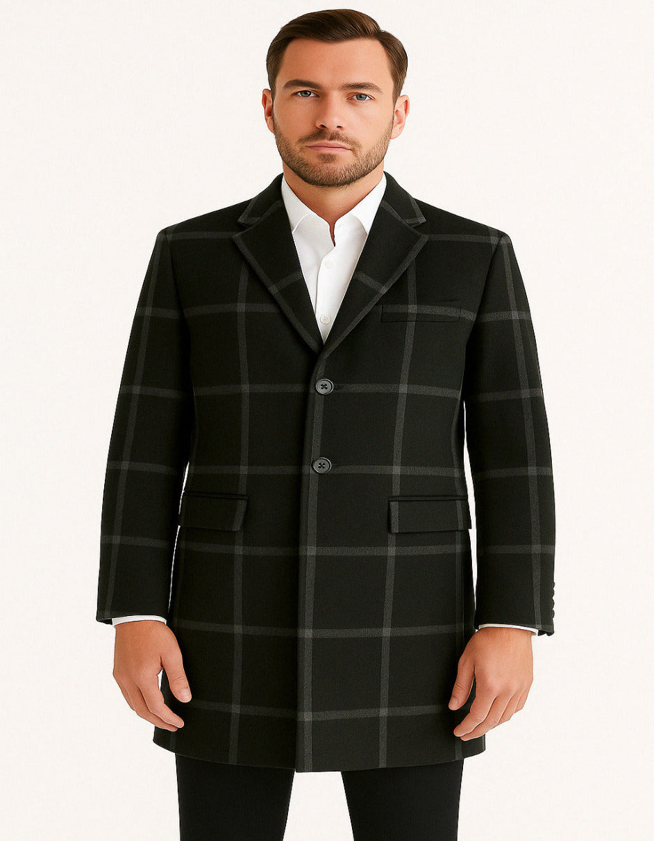 Mens Black Windowpane Wool Overcoat – Big Plaid Pattern Classic Checkered CarCoat