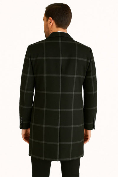 Mens Black Windowpane Wool Overcoat – Classic Long Checkered Coat Checkered Plaid Pattern