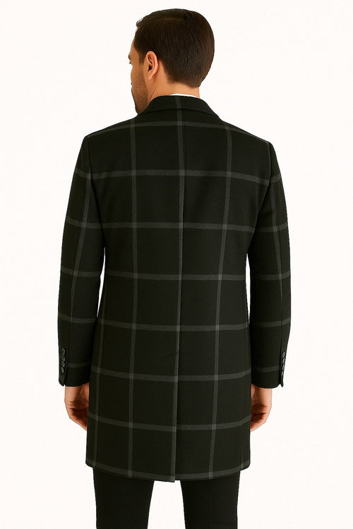 Mens Black Windowpane Wool Overcoat - Classic Long Checkered Coat Checkered Plaid Pattern USA Men's Outlet