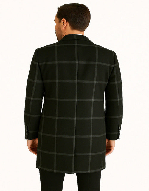 Mens Black Windowpane Wool Overcoat - Big Plaid Pattern Classic Checkered CarCoat by USA Men's Outlet
