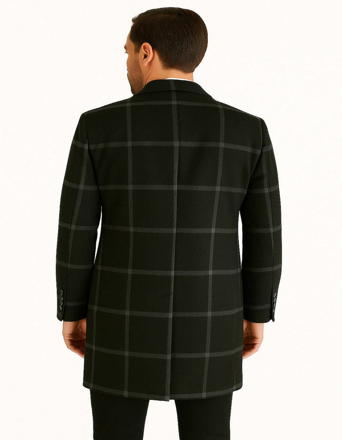 Mens Black Windowpane Wool Overcoat - Big Plaid Pattern Classic Checkered CarCoat by USA Men's Outlet