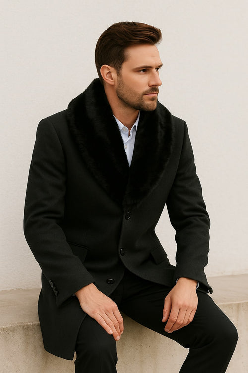 Mens Black Wool Overcoat with Black Faux Fur Collar – Luxury Winter Dress Coat