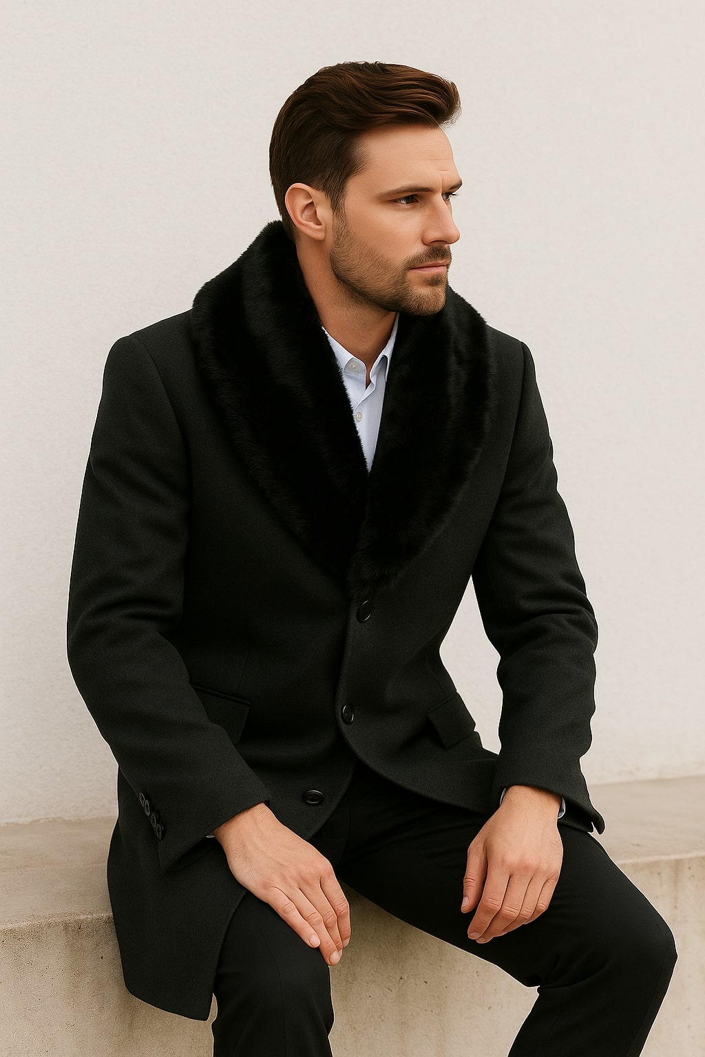 Mens Black Wool Overcoat with Black Faux Fur Collar – Luxury Winter Dress Coat