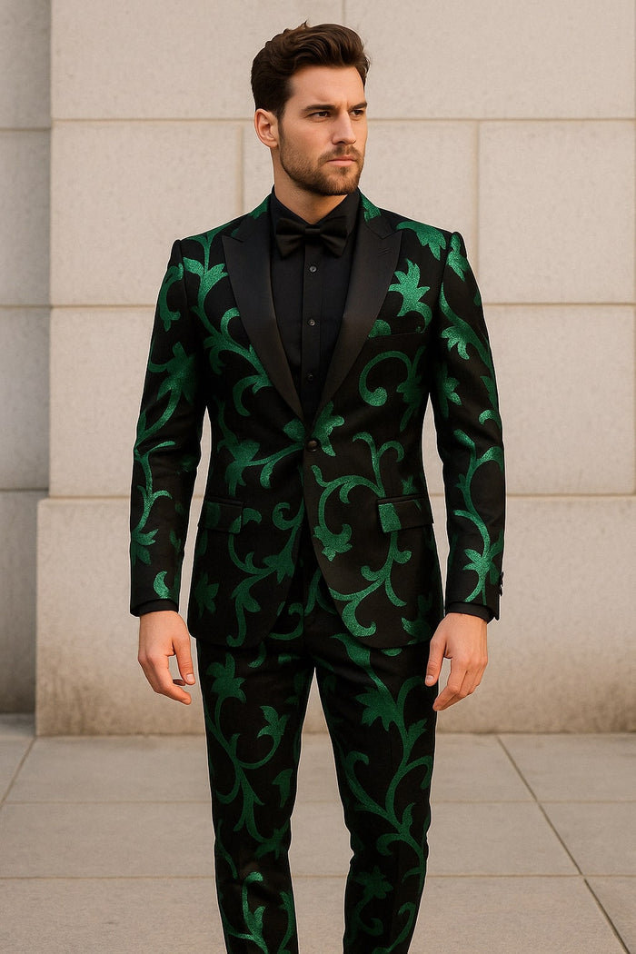 Mens Black and Emerald Green Velvet Floral Tuxedo Suit - Slim Fit 2 Piece Formalwear for Weddings and Events Slim Fitted USA Men's Outlet