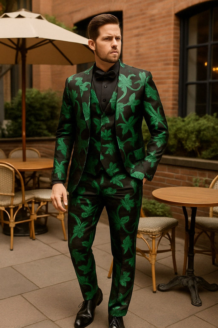 Mens Black and Emerald Green Velvet Floral Tuxedo Suit - Slim Fit 2 Piece Formalwear for Weddings and Events Slim Fitted USA Men's Outlet