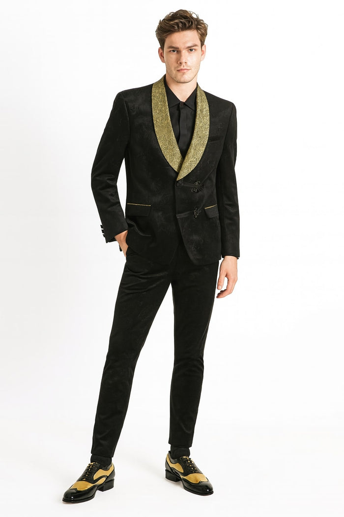 Mens Black and Gold Jacquard Tuxedo Blazer - Luxury Shawl Collar Wedding and Party Smoking Jacket by USA Men's Outlet