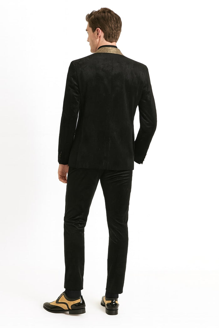 Mens Black and Gold Jacquard Tuxedo Blazer - Luxury Shawl Collar Wedding and Party Smoking Jacket by USA Men's Outlet