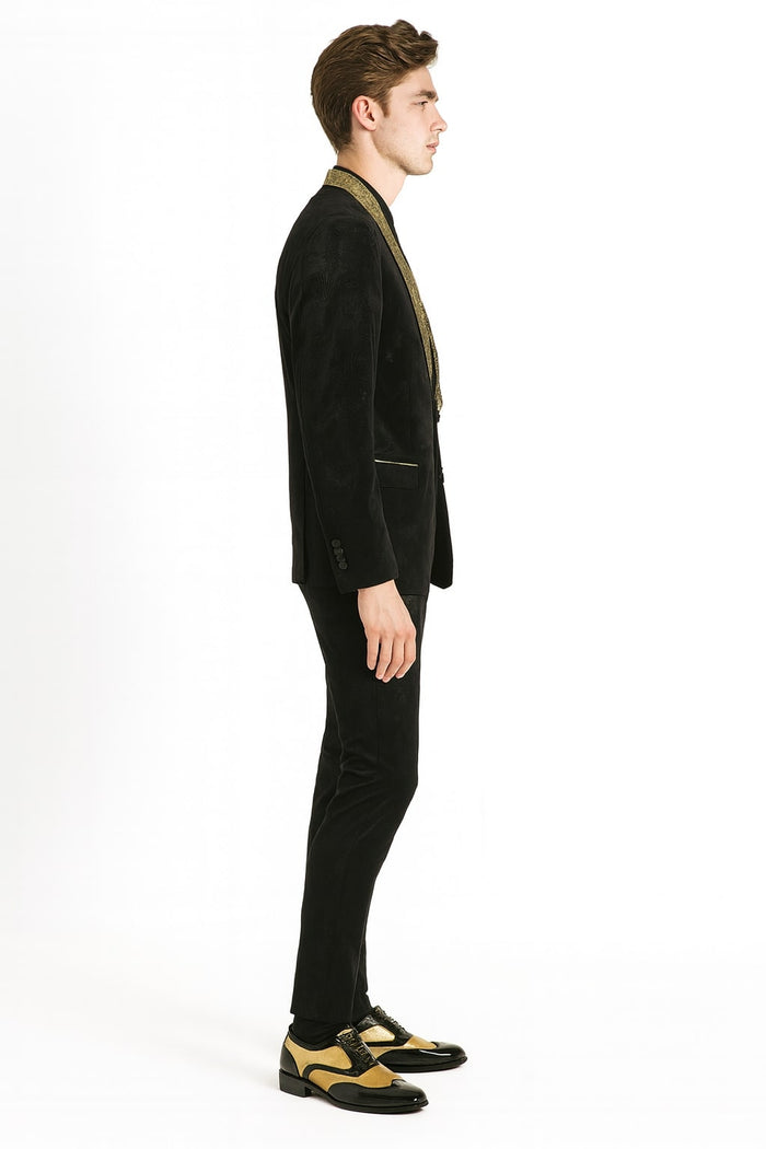 Mens Black and Gold Jacquard Tuxedo Blazer - Luxury Shawl Collar Wedding and Party Smoking Jacket by USA Men's Outlet