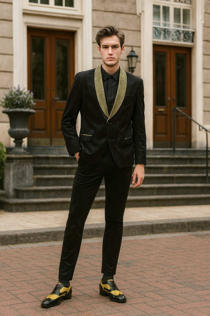 Mens Black and Gold Jacquard Tuxedo Blazer - Luxury Shawl Collar Wedding and Party Smoking Jacket by USA Men's Outlet