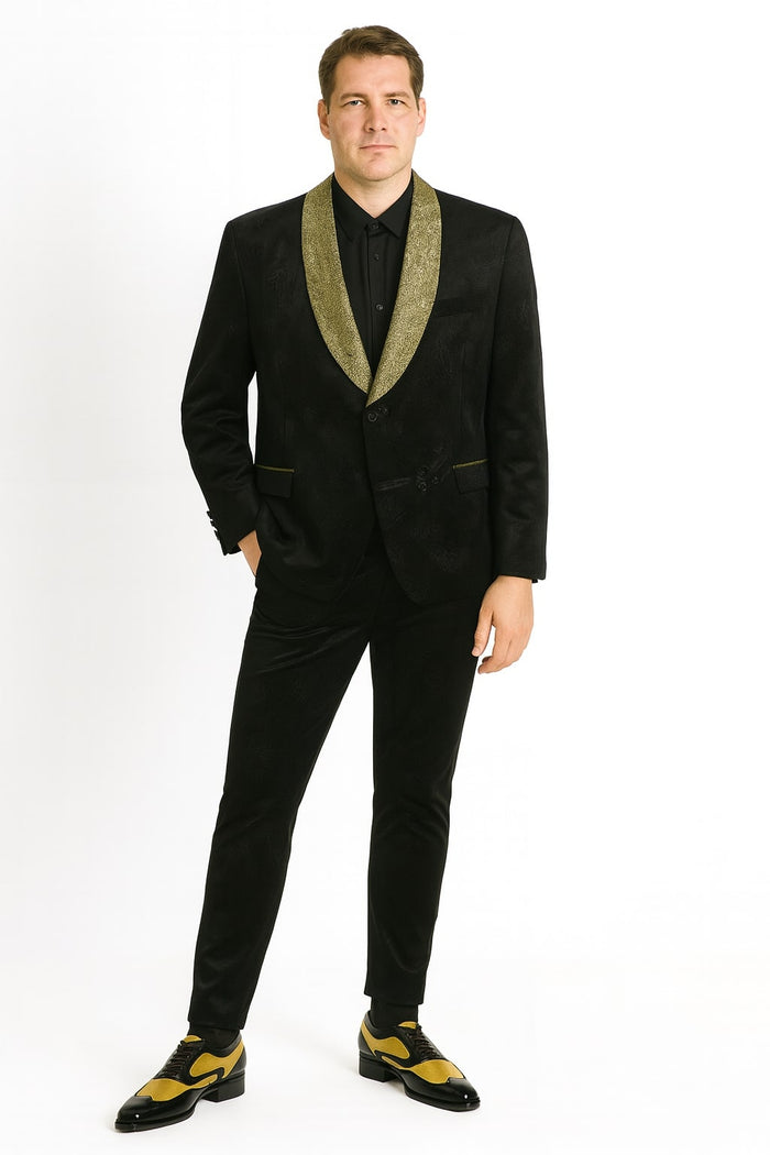 Mens Black and Gold Jacquard Tuxedo Blazer - Luxury Shawl Collar Wedding and Party Smoking Jacket by USA Men's Outlet