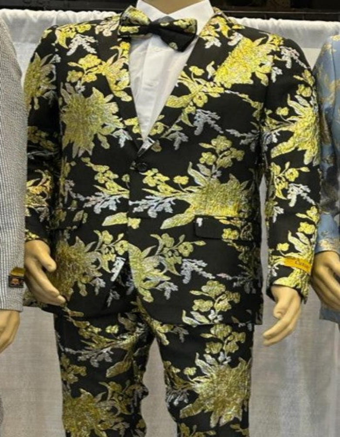 Black and Gold and Sliver Prom Suit - Paisley Floral Tuxedo Suit With Matching Bowtie - Paisley Pattern by USA Men's Outlet