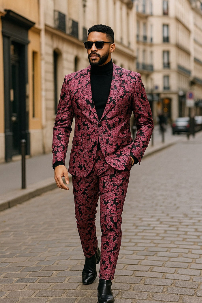 Mens Black and Pink Floral Tuxedo Suit - Magento Fucia Plumish Color Slim Fit 2 Piece Embroidered Outfit for Weddings, Prom and Formal Events USA Men's Outlet