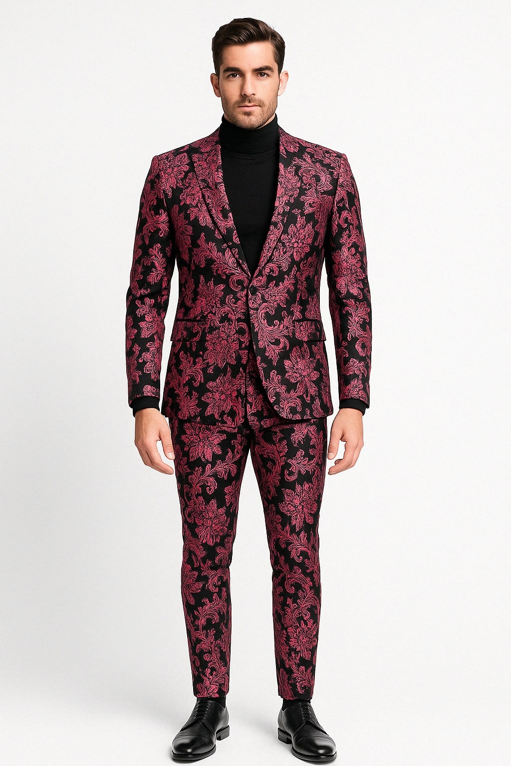 Mens Black and Pink Floral Tuxedo Suit – Magento Fucia Plumish Color Slim Fit 2 Piece Embroidered Outfit for Weddings, Prom and Formal Events
