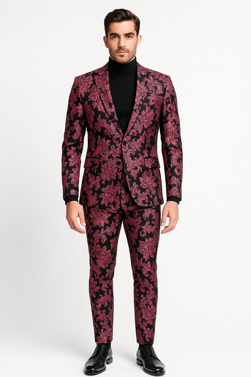 Mens Black and Pink Floral Tuxedo Suit – Magento Fucia Plumish Color Slim Fit 2 Piece Embroidered Outfit for Weddings, Prom and Formal Events