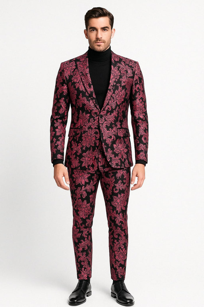 Mens Black and Pink Floral Tuxedo Suit - Magento Fucia Plumish Color Slim Fit 2 Piece Embroidered Outfit for Weddings, Prom and Formal Events USA Men's Outlet