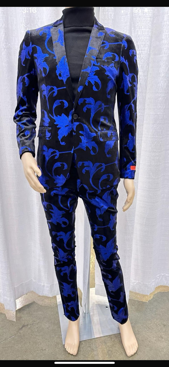 Mens Black and Royal Blue Floral Tuxedo Suit - Slim Fit 2 Piece Velvet Embroidered Outfit for Weddings, Prom, and Formal Events USA Men's Outlet
