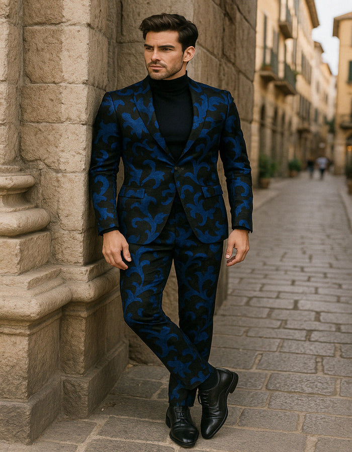 Mens Black and Royal Blue Floral Tuxedo Suit - Slim Fit 2 Piece Velvet Embroidered Outfit for Weddings, Prom, and Formal Events USA Men's Outlet