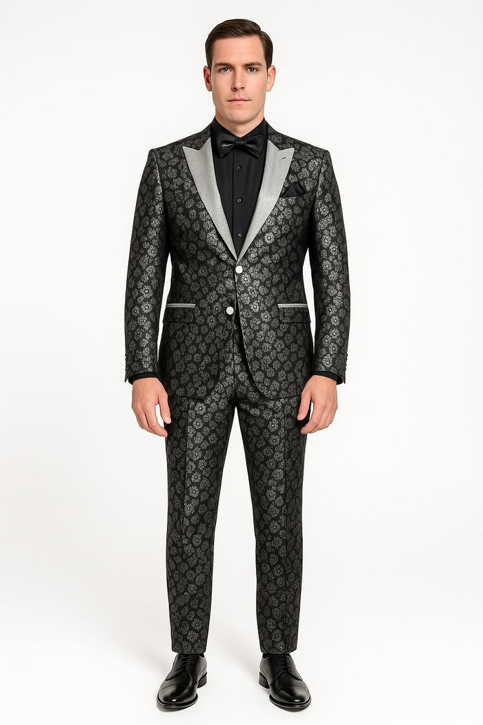Black and Silver Floral Tuxedo Suit for Men - Luxury Two-Piece Formal Suit with Satin Lapel and Bow Tie by USA Men's Outlet