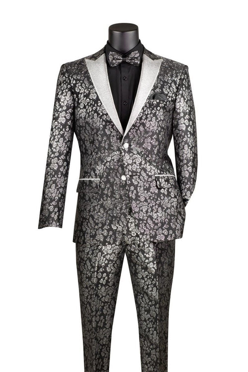 Black and Silver Floral Tuxedo Suit for Men – Luxury Two-Piece Formal Suit with Satin Lapel and Bow Tie