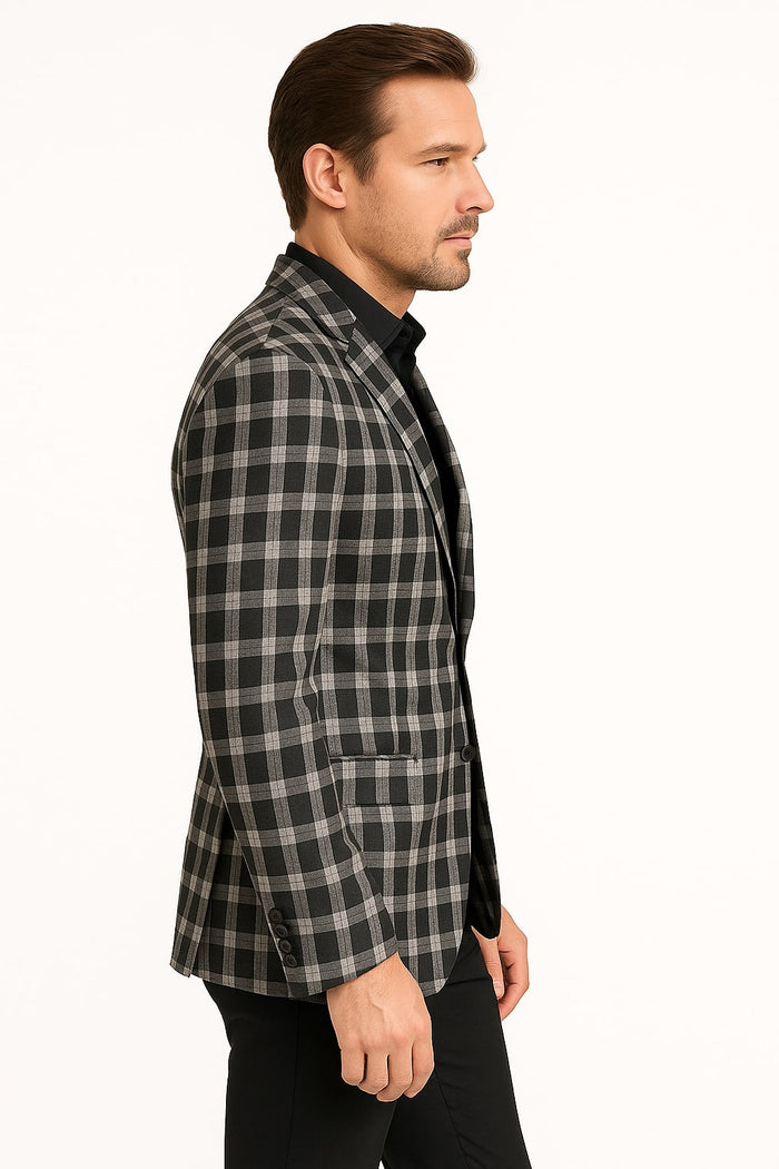 Mens Black and White Plaid Blazer - Modern Fit Checkered Windowpane Pattern Business Sport Coat by USA Men's Outlet
