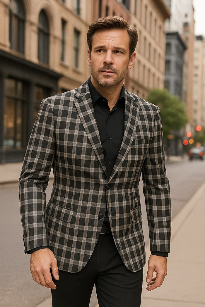 Mens Black and White Plaid Blazer - Modern Fit Checkered Windowpane Pattern Business Sport Coat by USA Men's Outlet