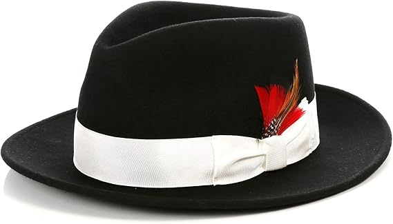 Gangster 100% Australian Wool Crushable Mens Fedora Hat - Removable Feather Gangster  Black/White Mens Fedora Hat