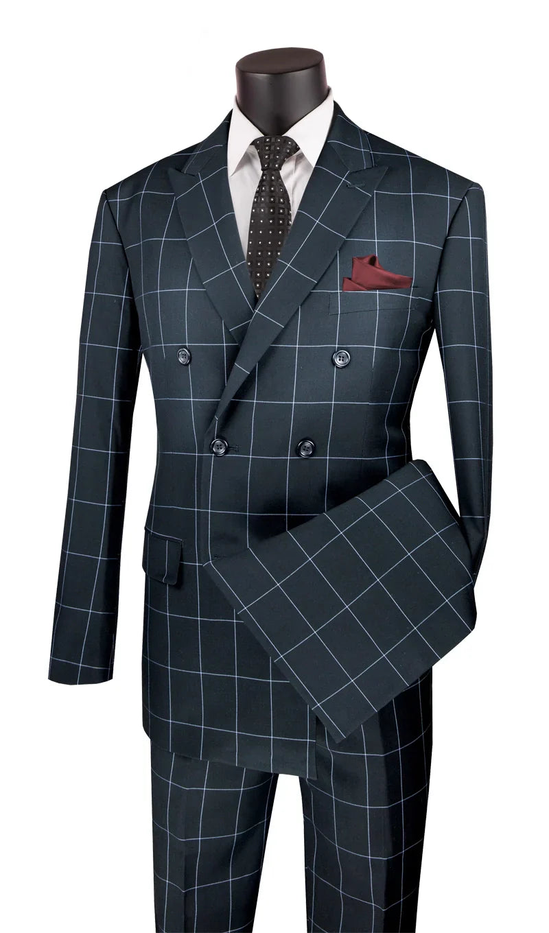 Black Modern Fit Double Breasted Windowpane Peak Lapel 2 Piece Suit – SuitUSA