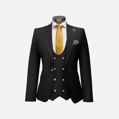 Black Rossiman Mens Slim-fit Double Breasted Suit Gold Buttons