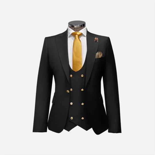 Black Mens Slim-fit Double Breasted Suit Gold Buttons
