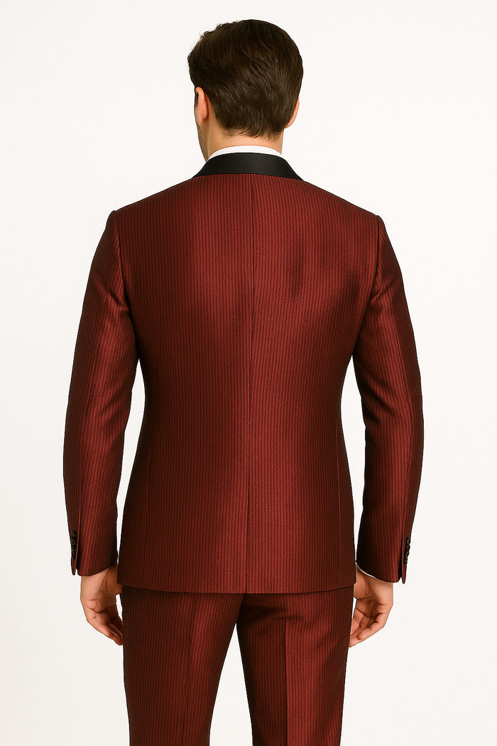 Men's Burgundy Shiny Tuxedo with Black Satin Shawl Lapel - Ultra Slim Fit Party & Prom Suit by USA Men's Outlet