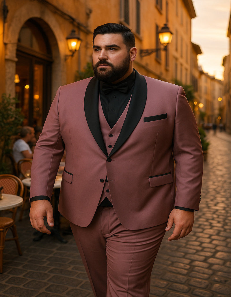 Men's Mauve Pink Tuxedo Suit – 3-Piece Slim Fit with Black Satin Shawl Lapel