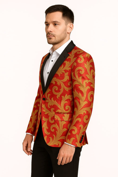 Men's Red and Gold Baroque Tuxedo Jacket with Black Satin Shawl Lapel