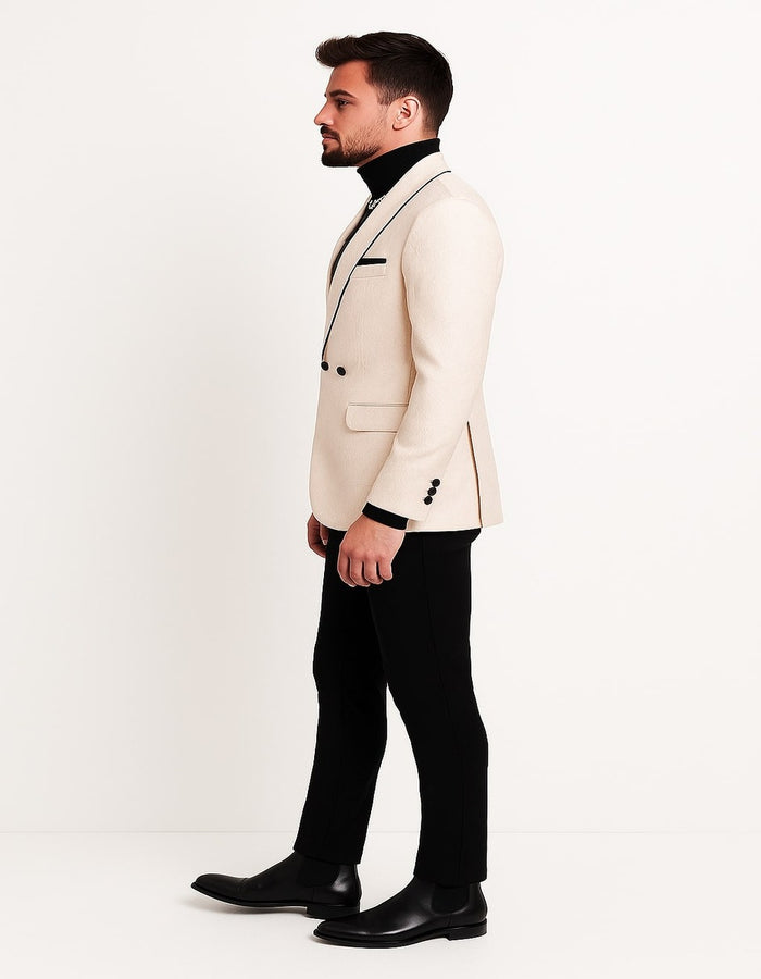 Men’s Cream Jacquard Double-Breasted Tuxedo with Black Trim - Formal Blazer for Weddings & Events Ivory Color USA Men's Outlet