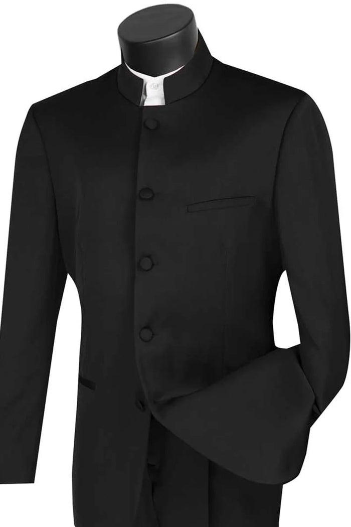 Unique Prom Suits - Interesting Fun - Mens Five Button Mandarin Banded Black Tuxedo