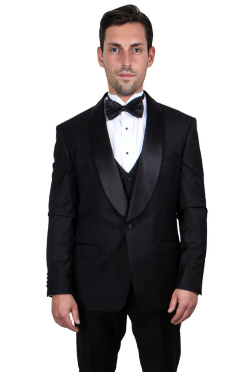 Black prom Suit - Men's Stacy Adams Vested One Button Shawl Lapel Black Tuxedo