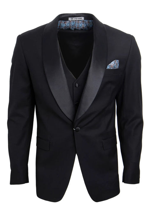 Black prom Suit - Men's Stacy Adams Vested One Button Shawl Lapel Black Tuxedo