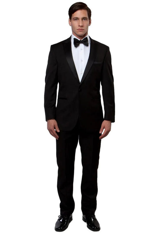 Black Prom Suit - Men's Slim Fit One Button Peak Lapel Wedding Black Tuxedo