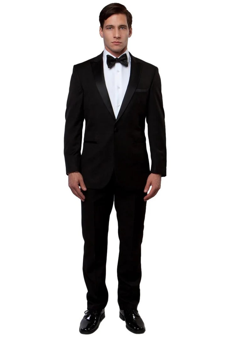 Black Prom Suit - Men's Slim Fit One Button Peak Lapel Wedding Black Tuxedo