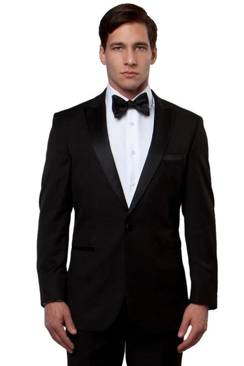 Black Prom Suit - Men's Slim Fit One Button Peak Lapel Wedding Black Tuxedo