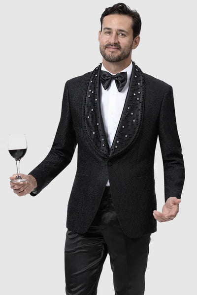 Black Prom Suit - Mens Paisley Lace Style Prom Tuxedo Black Diamond Lapel Dinner Jacket