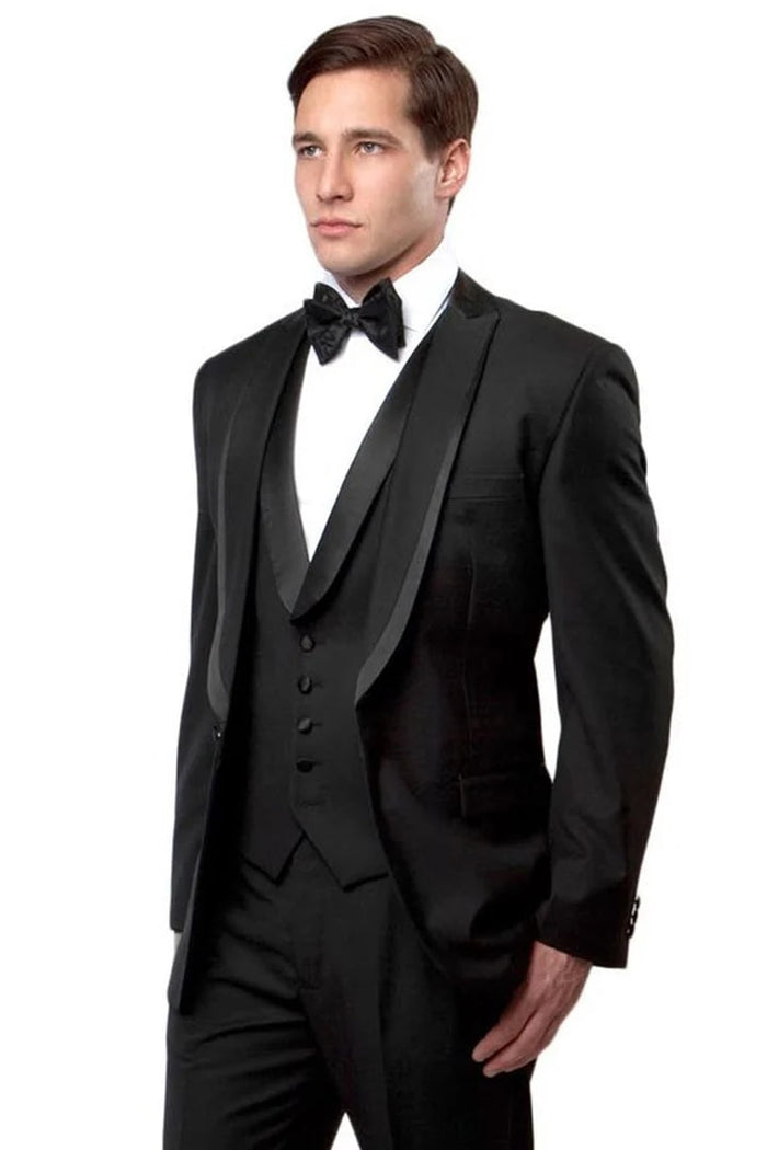 Black Prom Suit - Men's One Button Satin Trimmed Peak Lapel Vested Black Fancy Tuxedo